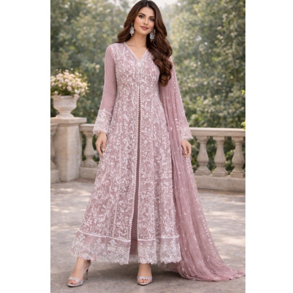 Mona Embroidery Women's Lilac Elegance‎ Resham Long Frock 3 Piece Set Size M NWT